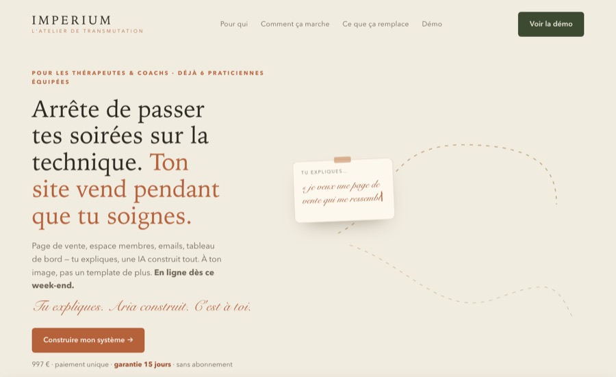 Aperçu d'une page de vente construite par Aria à partir d'une simple demande écrite en français