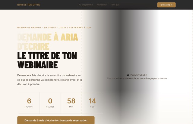 La page de webinaire, telle qu'elle est livrée dans le kit.