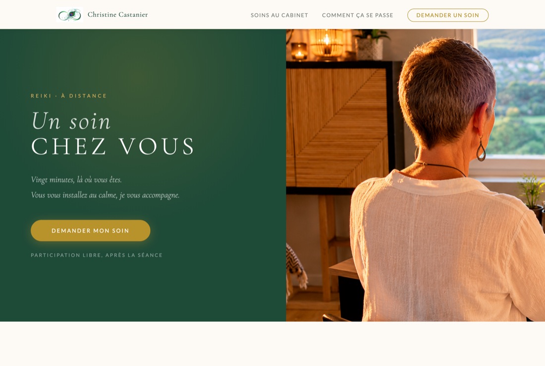La page de Christine : vert profond et photo chaude.