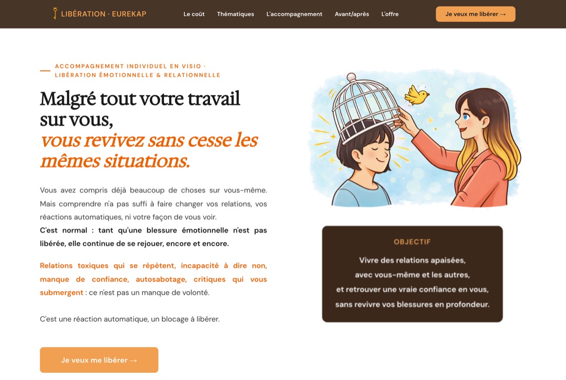 La page d'Élodie : orange et brun, avec ses propres illustrations.