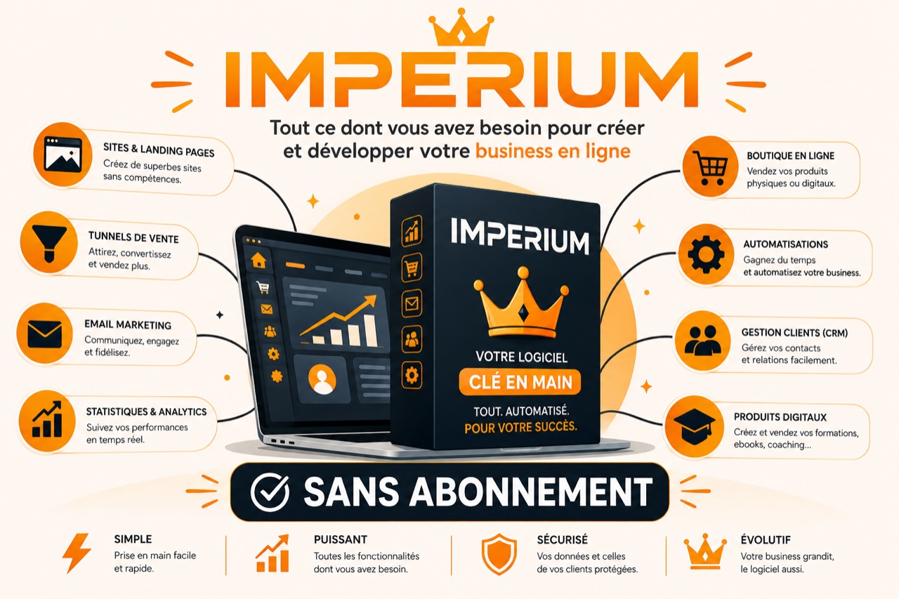 Imperium : sites et landing pages, tunnels de vente, email marketing, statistiques, boutique en ligne, automatisations, gestion clients, produits digitaux — sans abonnement
